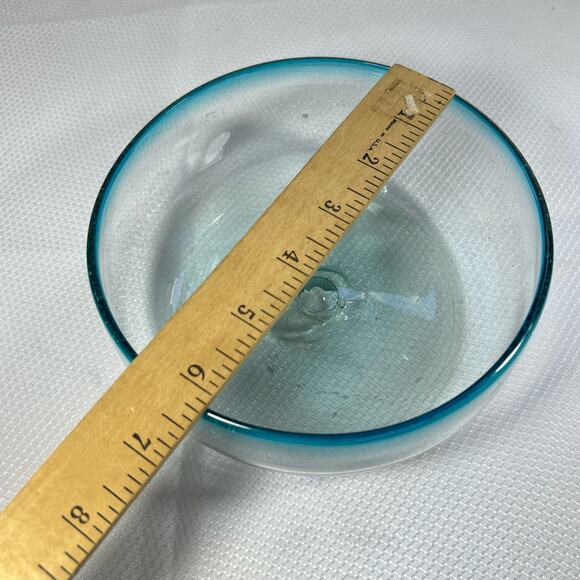 Hand blown Light Blue rim Art Bubble Glass bowl 6.5” - Picture 9 of 9